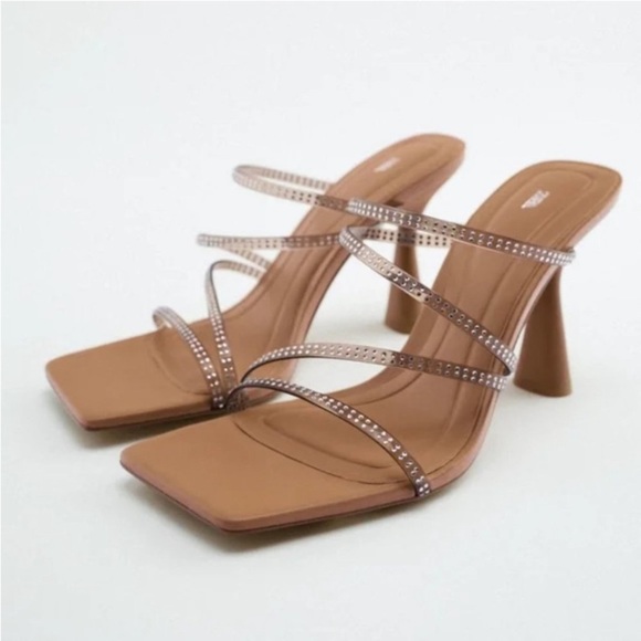 ZARA HEELED SANDALS WITH RHINESTONE Tan Sandals with Transparent Straps.9us/40 - Picture 9 of 9